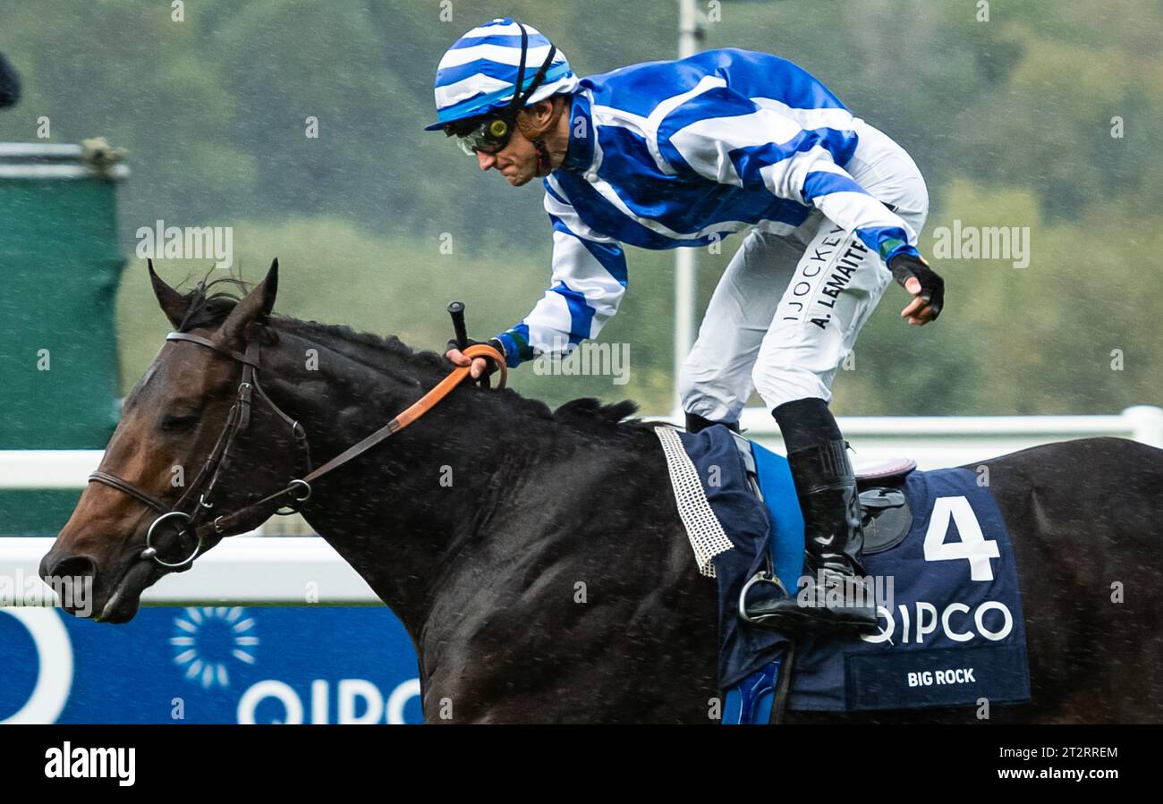 Ascot, Berkshire, United Kingdom. Saturday 21st October 2023. Big Rock and jockey Aurelien Lemaitre win The Queen Elizabeth II Stakes (Sponsored by QIPCO) Group 1 for trainer Christopher Head and owner Yeguada Centurion SLU. Credit JTW Equine Images / Alamy Live News Stock Photo