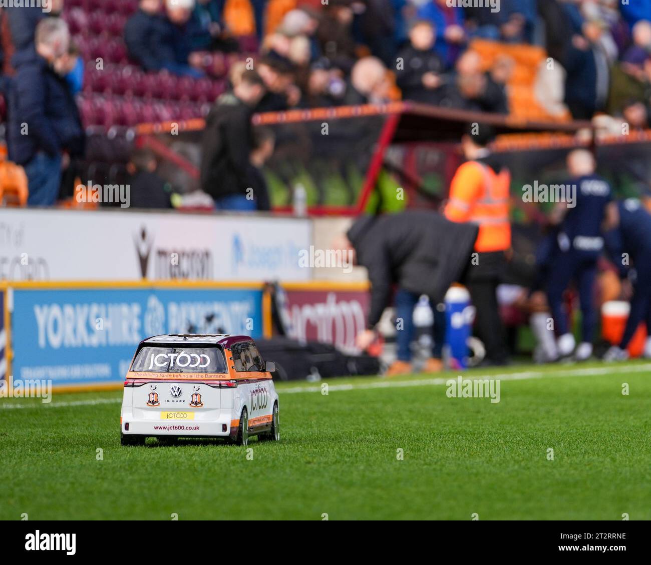 Bradford, UK. 21 October 2023. EFL Sky Bet League 2: Bradford City AFC  v Wrexham AFC.  Bradford’s remote control car ball carrier.  Credit Paul B Whitehurst/Alamy Live News Stock Photo