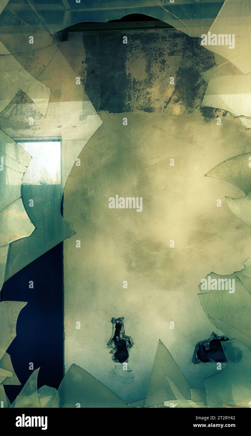 Modern unfigured glass and concrete (windows smashing). Cubic