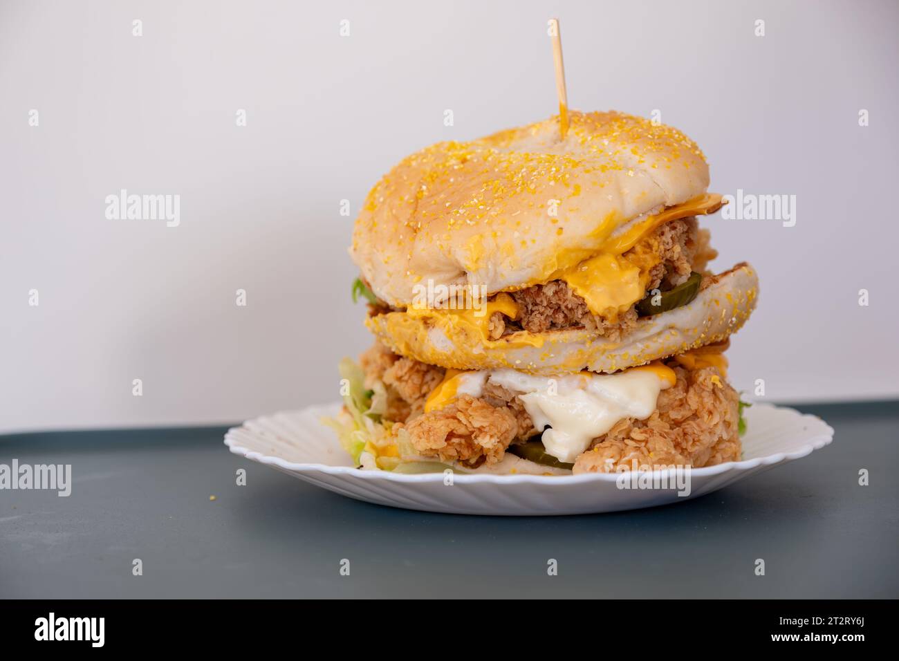 Chicken burger with pickles bread sesame and cheese all around isolated