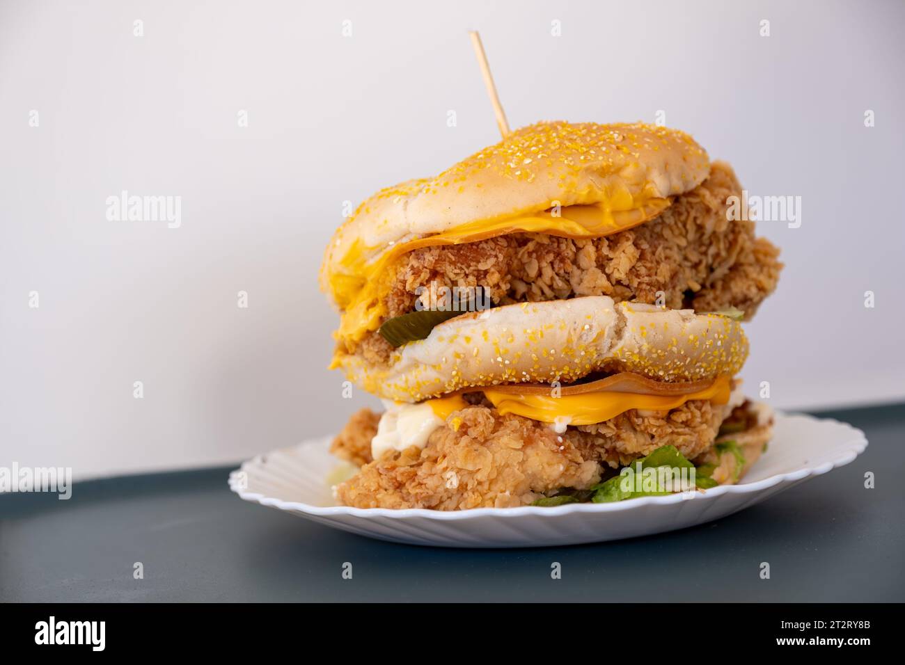 Chicken burger with pickles bread sesame and cheese all around isolated