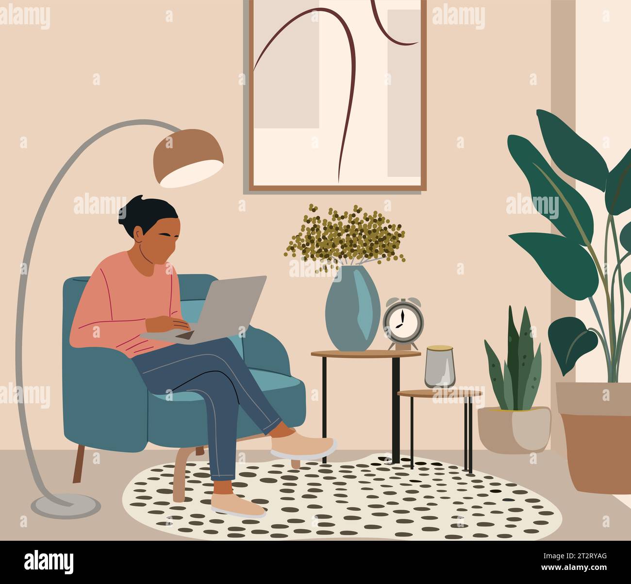 Freelancer woman with laptop in comfortable room. Stock Vector