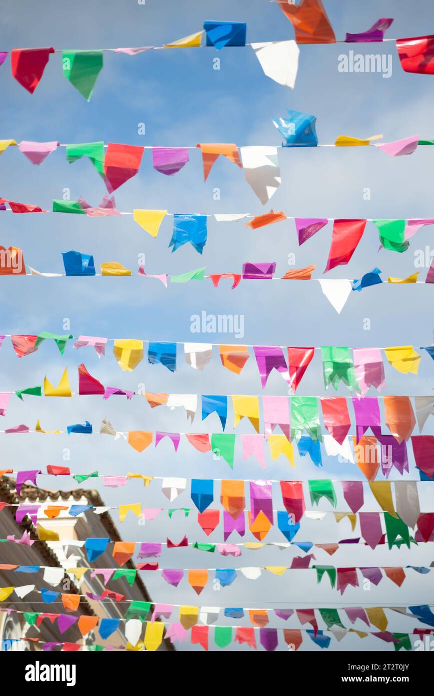Colorful Flag Ropes Flags of different colors hanging from a rope. Decoration of Saint John ...