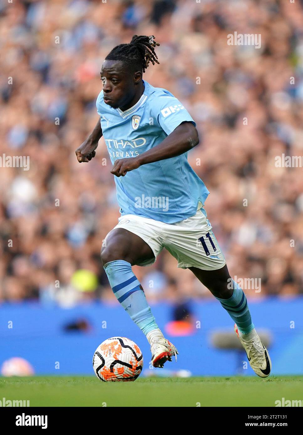 Manchester City's Jeremy Doku during the Premier League match at the Etihad Stadium, Manchester. Picture date: Saturday October 21, 2023. Stock Photo