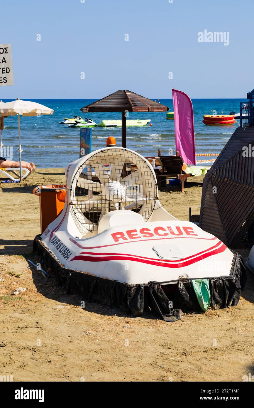 Old Beach Life guards rescue hovercraft, Finikoudes beach, Larnaca, Cyprus Stock Photo