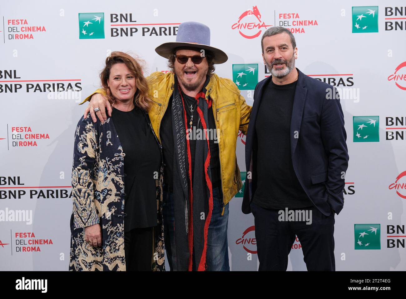 Rome, Italy. 21st Oct, 2023. Valentina Zanella (L), Zucchero (C) and Giangiacomo De Stefano (R) attend a red carpet for the movie 'Zucchero - Sugar Fornaciari' during the 18th Rome Film Festival at Auditorium Parco Della Musica in Rome. Credit: SOPA Images Limited/Alamy Live News Stock Photo