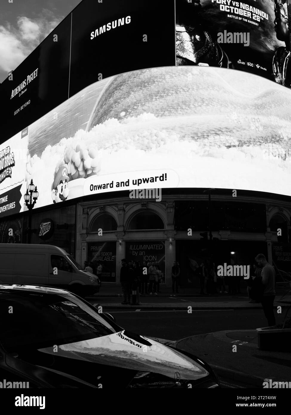 B&W Reflections on Car Driving past Piccadilly Circus, Westminster