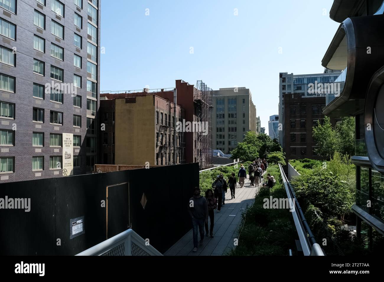 View of the High Line, elevated linear park, greenway and rail trail created on a former New York Central Railroad spur on the west side of Manhattan Stock Photo