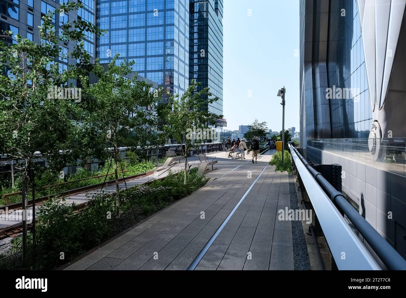 View of the High Line, elevated linear park, greenway and rail trail created on a former New York Central Railroad spur on the west side of Manhattan Stock Photo