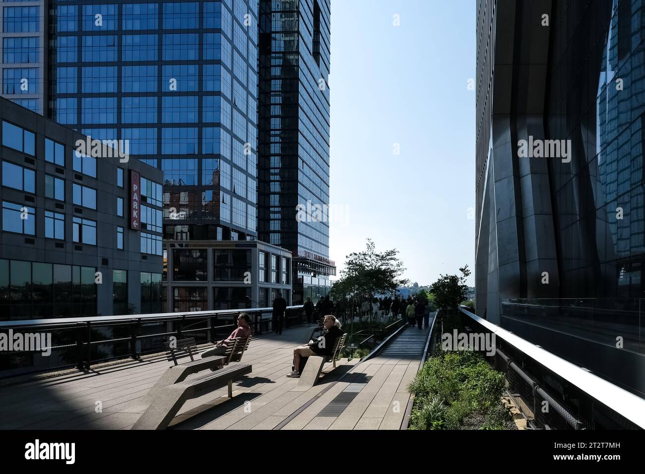 View of the High Line, elevated linear park, greenway and rail trail created on a former New York Central Railroad spur on the west side of Manhattan Stock Photo