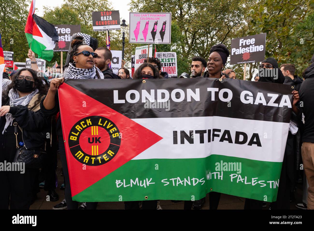Hyde Park, London, UK. 21st Oct, 2023. A protest is taking place against the escalation of military action in Gaza as the conflict between Israel and Hamas continues. Organised by groups including Palestine Solidarity Campaign and Stop the War Coalition, titled ‘National March for Palestine’ and with calls to ‘free Palestine’, ‘end the violence’ and ‘end apartheid’. Black Lives Matter banner Stock Photo