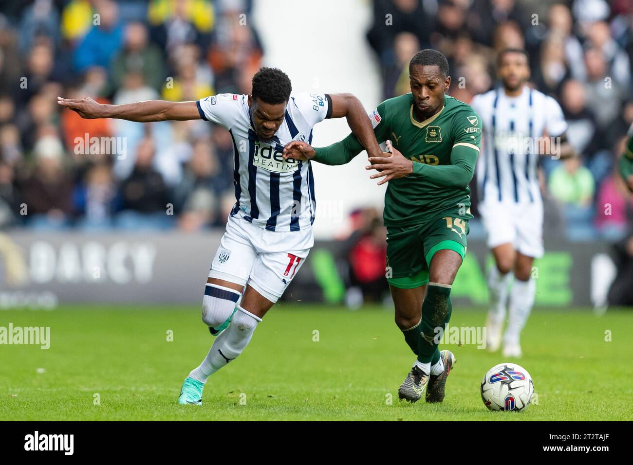 West Bromwich, UK. 21st October 2023. Grady Diangana of West Bromwich and Mickel Miller of Plymouth Argyle in action during the Sky Bet Championship match between West Bromwich Albion and Plymouth Argyle at The Hawthorns, West Bromwich on Saturday 21st October 2023. (Photo: Gustavo Pantano | MI News) Credit: MI News & Sport /Alamy Live News Stock Photo