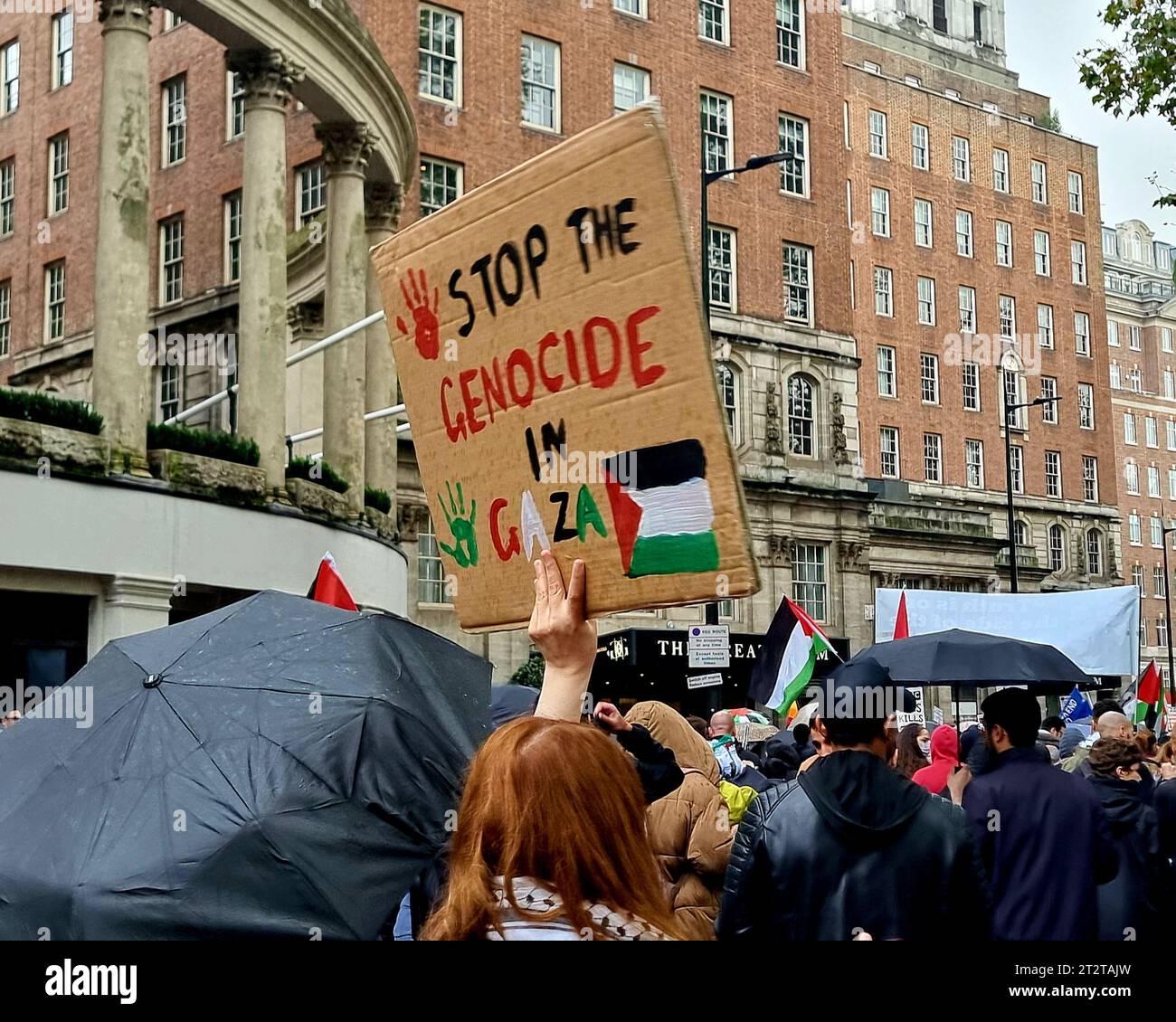 London, United Kingdom. 21st October 2023. Tens of thousands of protesters took to the streets from Hyde Park onto Piccadilly Circus to show their support for Palestinians caught up in the ongoing war between Hamas and Israel. The supporters addressed the public, raised donations, and chanted slogans against the brutal and illegal occupation of Palestine by Israel. Stock Photo