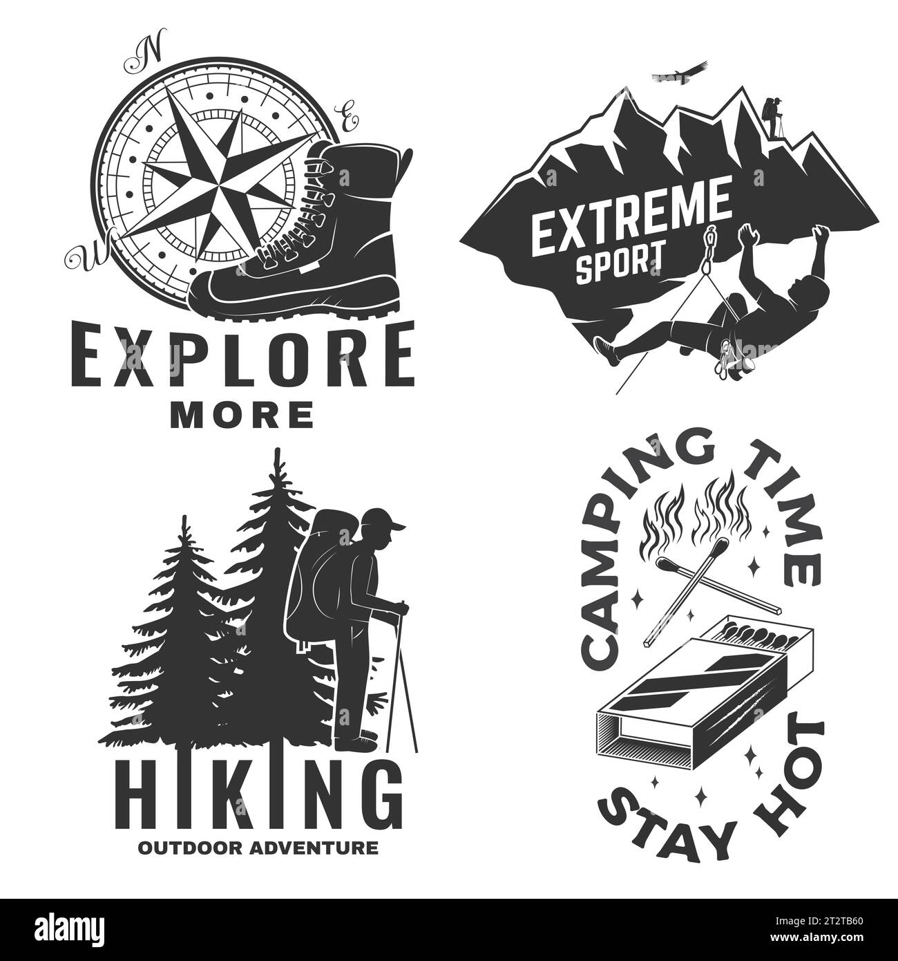 Set of outdoor adventure sticker. Vector illustration. Concept for shirt or logo, print, stamp, patch or tee. Vintage typography design with forest Stock Vector
