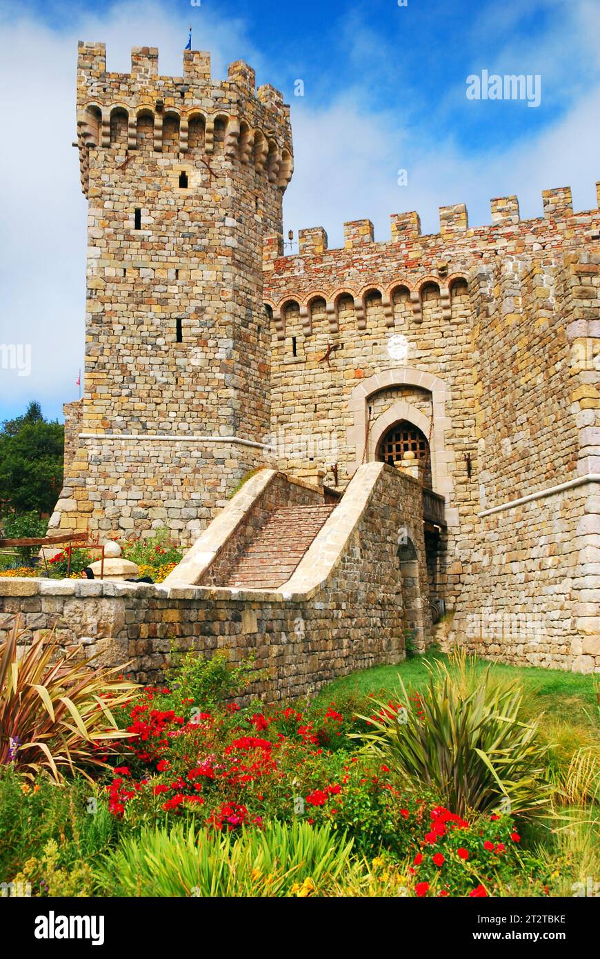 A winery in the Napa Valley of California is built to resemble a Medieval European stone castle in the center of a vineyard Stock Photo