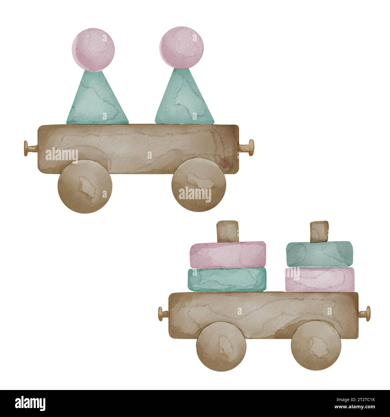 Wooden toys for baby watercolor illustration isolated on white background. Hand drawn blocks and trains. Toy for toddler in pastel colors. Elements fo Stock Photo