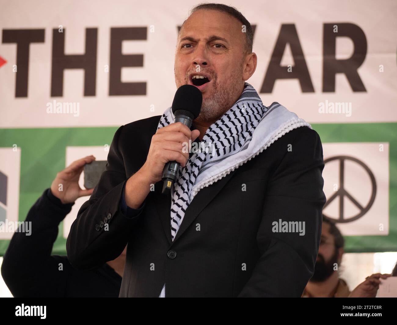 Palestinian ambassador to the UK Husam Zomlot addresses a Pro-Palestinian rally, speaks at the National March for Palestine  demonstration Stop the war on Gaza, march to protest about the Israel Palestine confict over the Gaza Strip Stock Photo