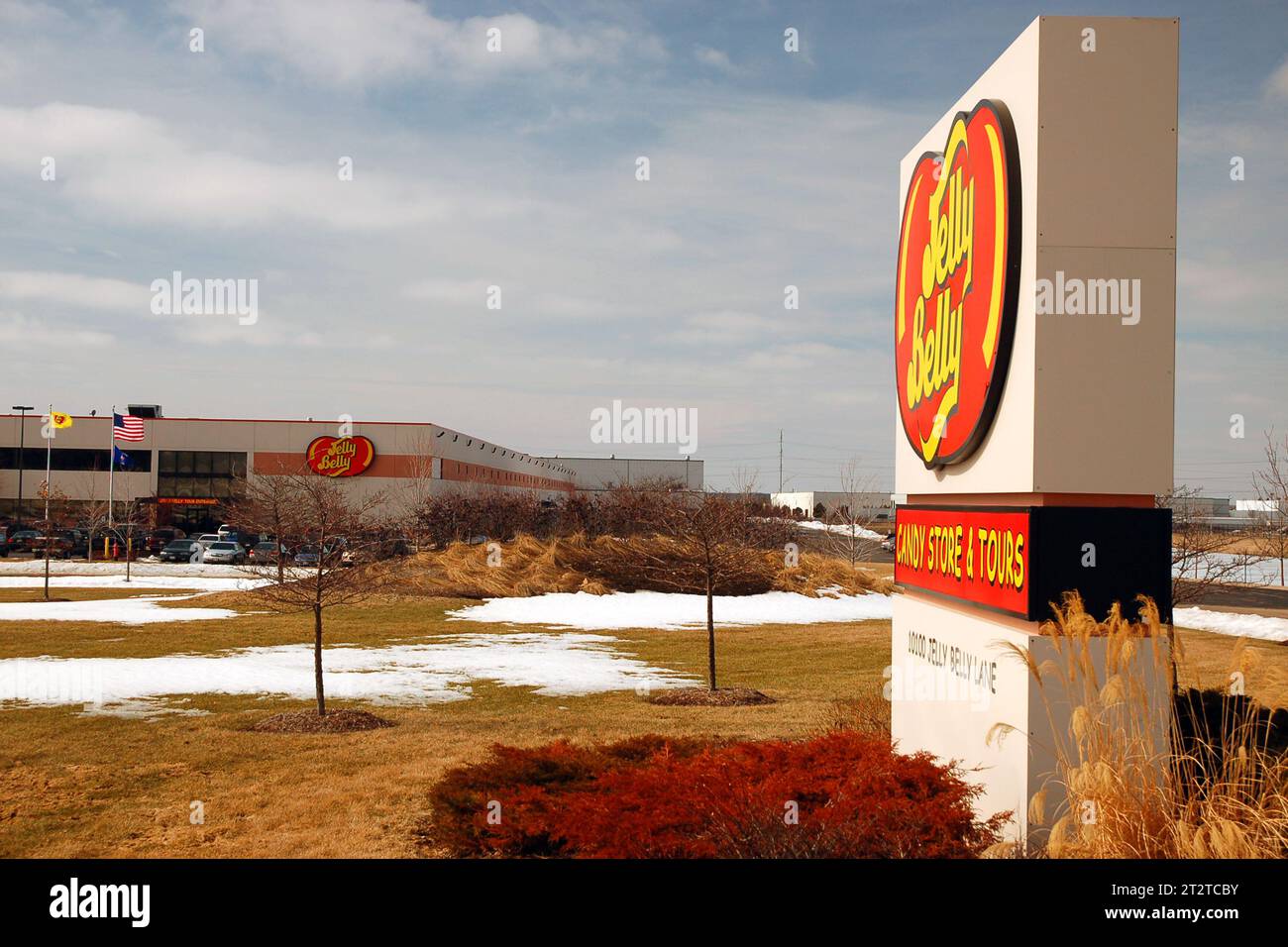 A sign stands outside the entrance to the factory tour of the Jelly Belly jelly bean Stock Photo