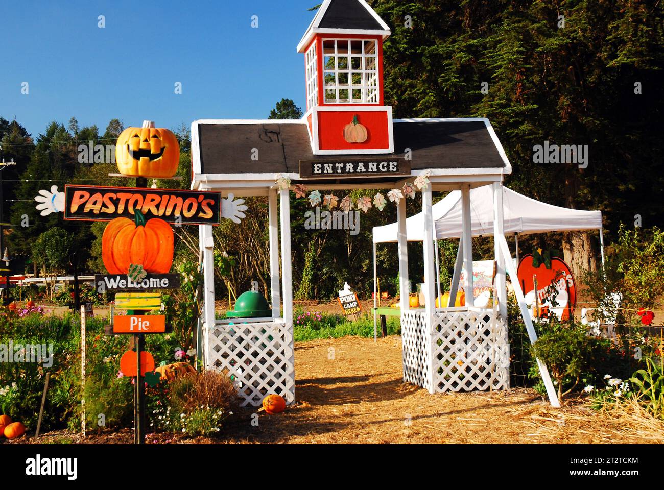 The entrance to Pasterinos Pumpkin Farm is a welcoming site for autumn travels looking to get decorations for Halloween Stock Photo