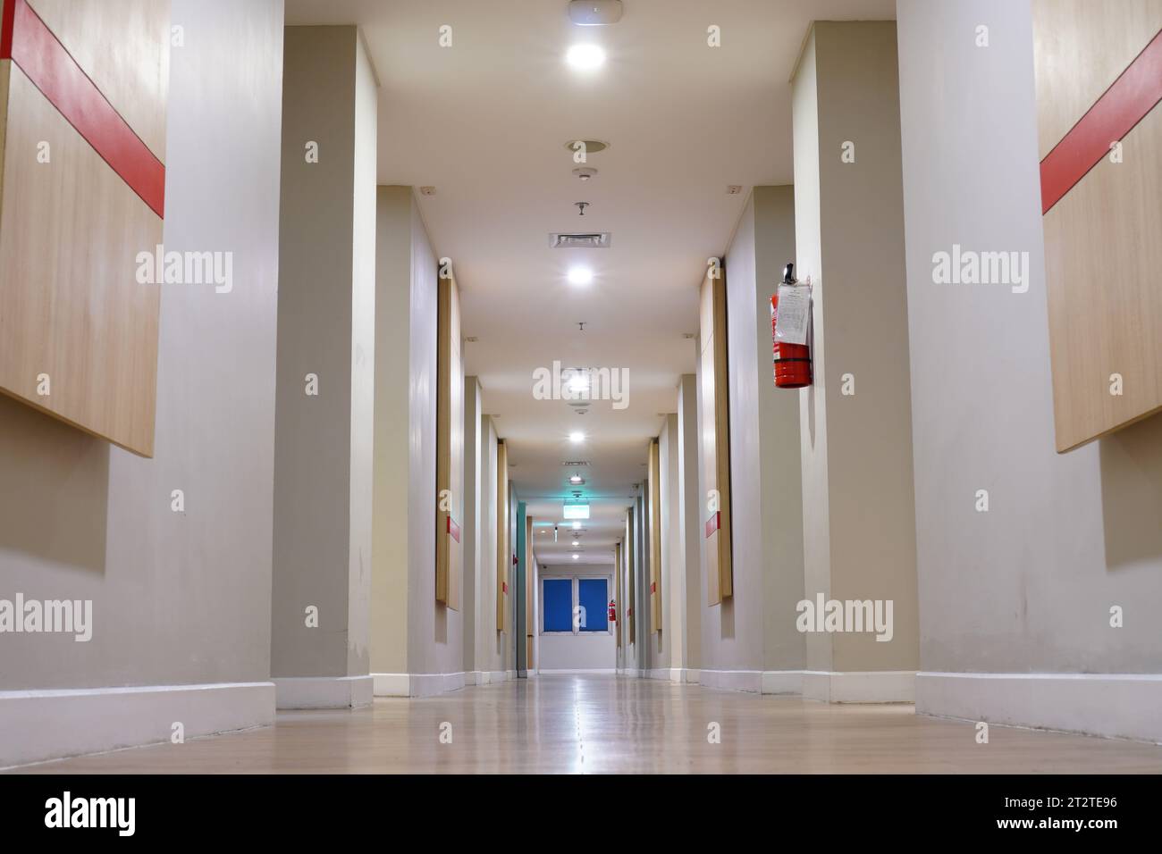 Empty and serene hotel corridor with intricate design Stock Photo