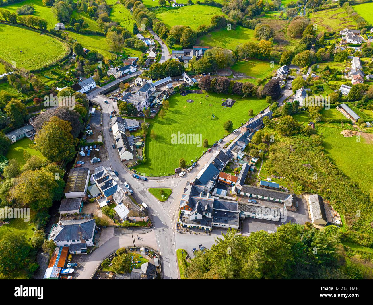 Aerial view of the heart of Exmoor - the village of Exford on the river Exe Stock Photo