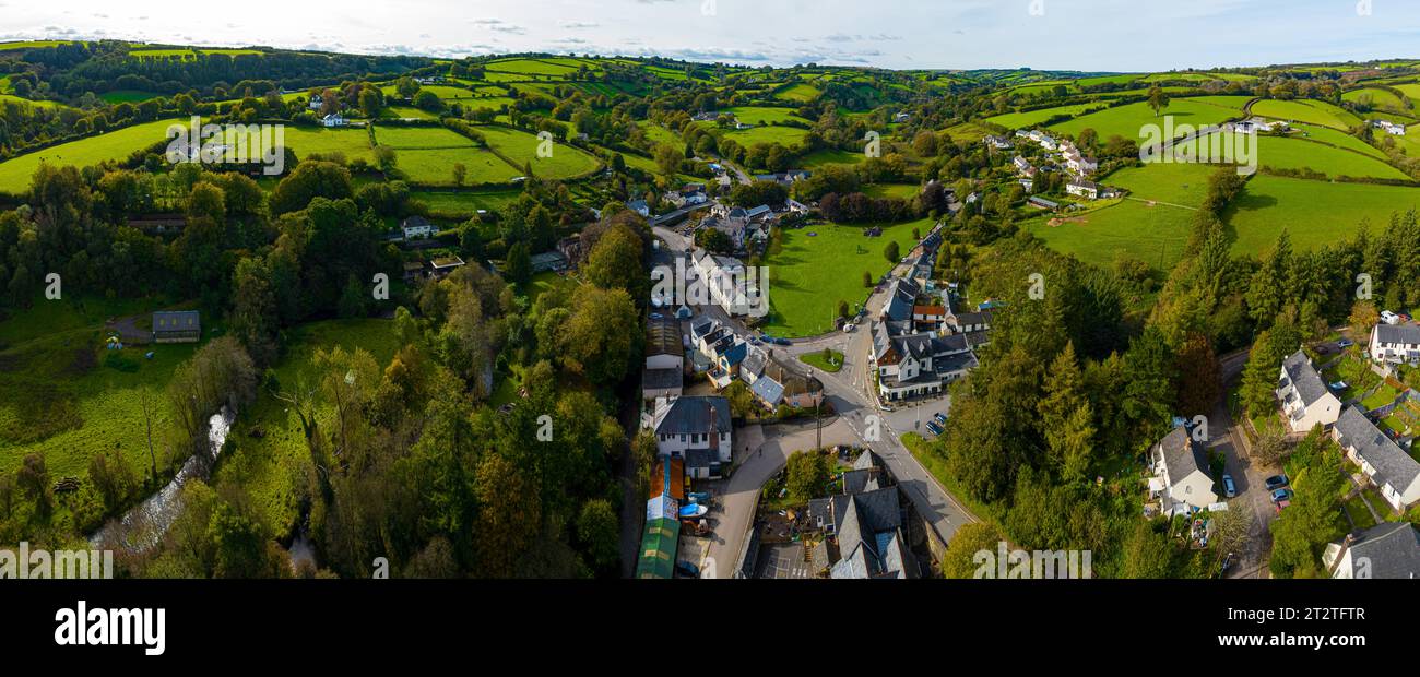 Aerial view of the heart of Exmoor - the village of Exford on the river Exe Stock Photo