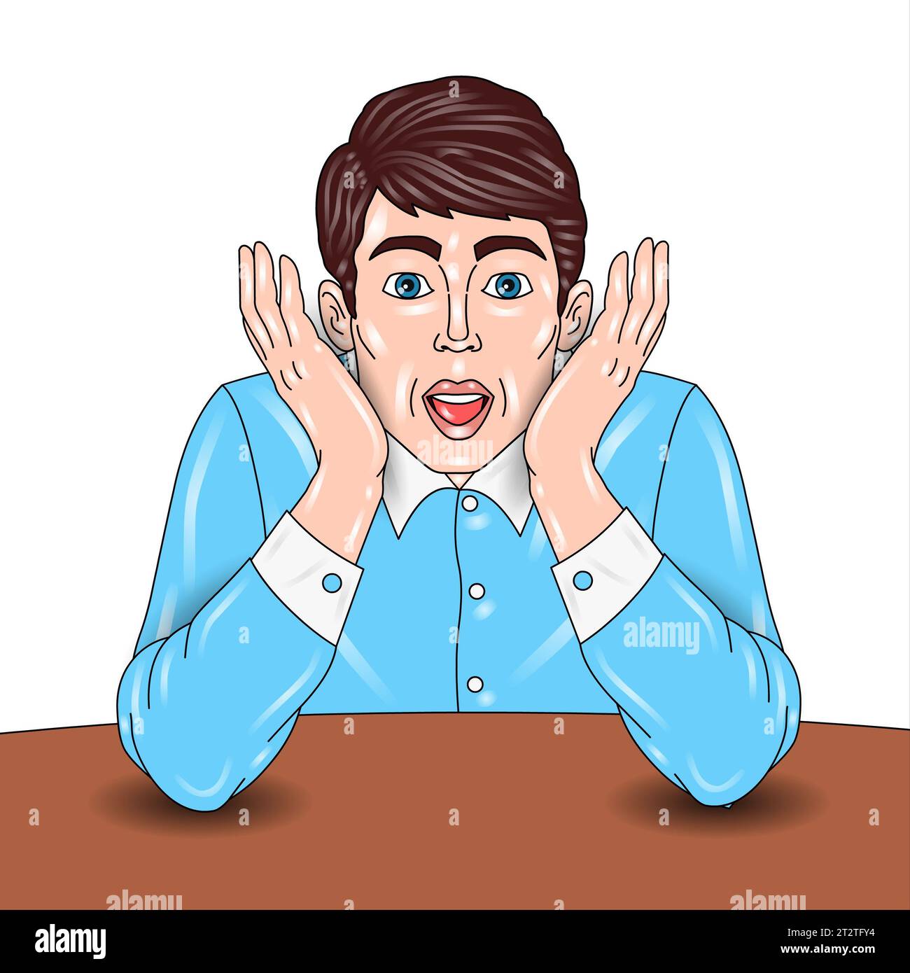 Surprised young man sitting at the table. Stock Photo