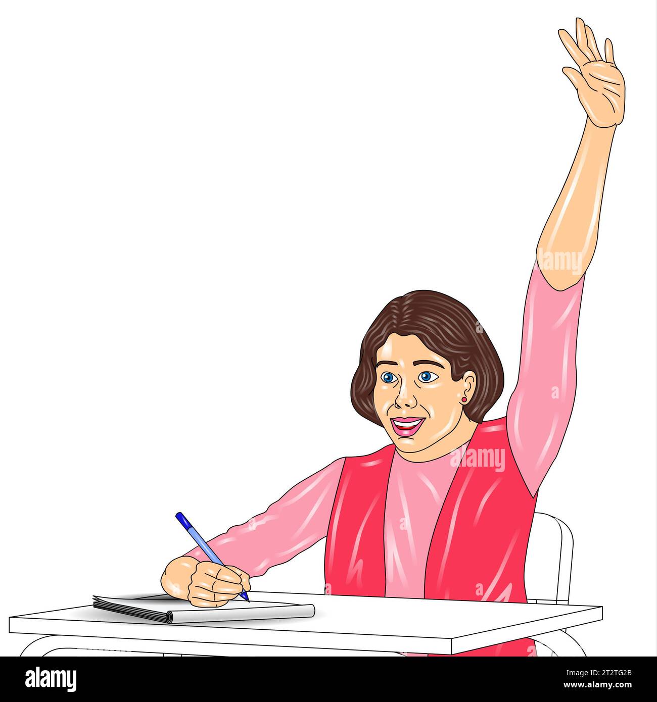 Illustration of a young woman sitting at the desk and making notes Stock Photo