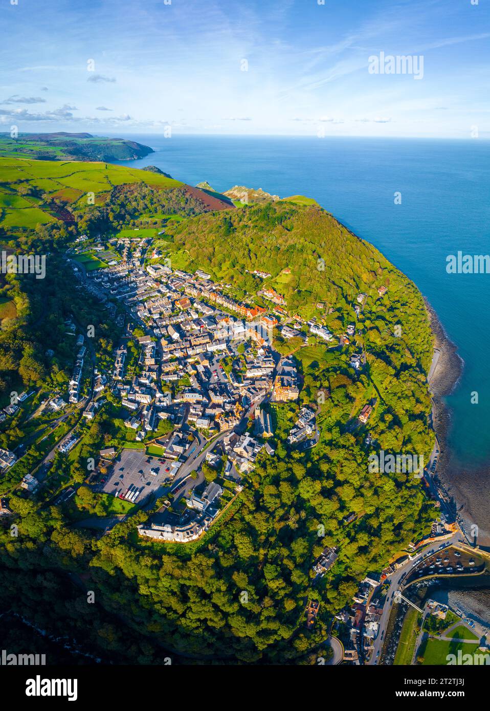 Aerial view of Lynton, a town on the Exmoor coast in the North Devon district in the county of