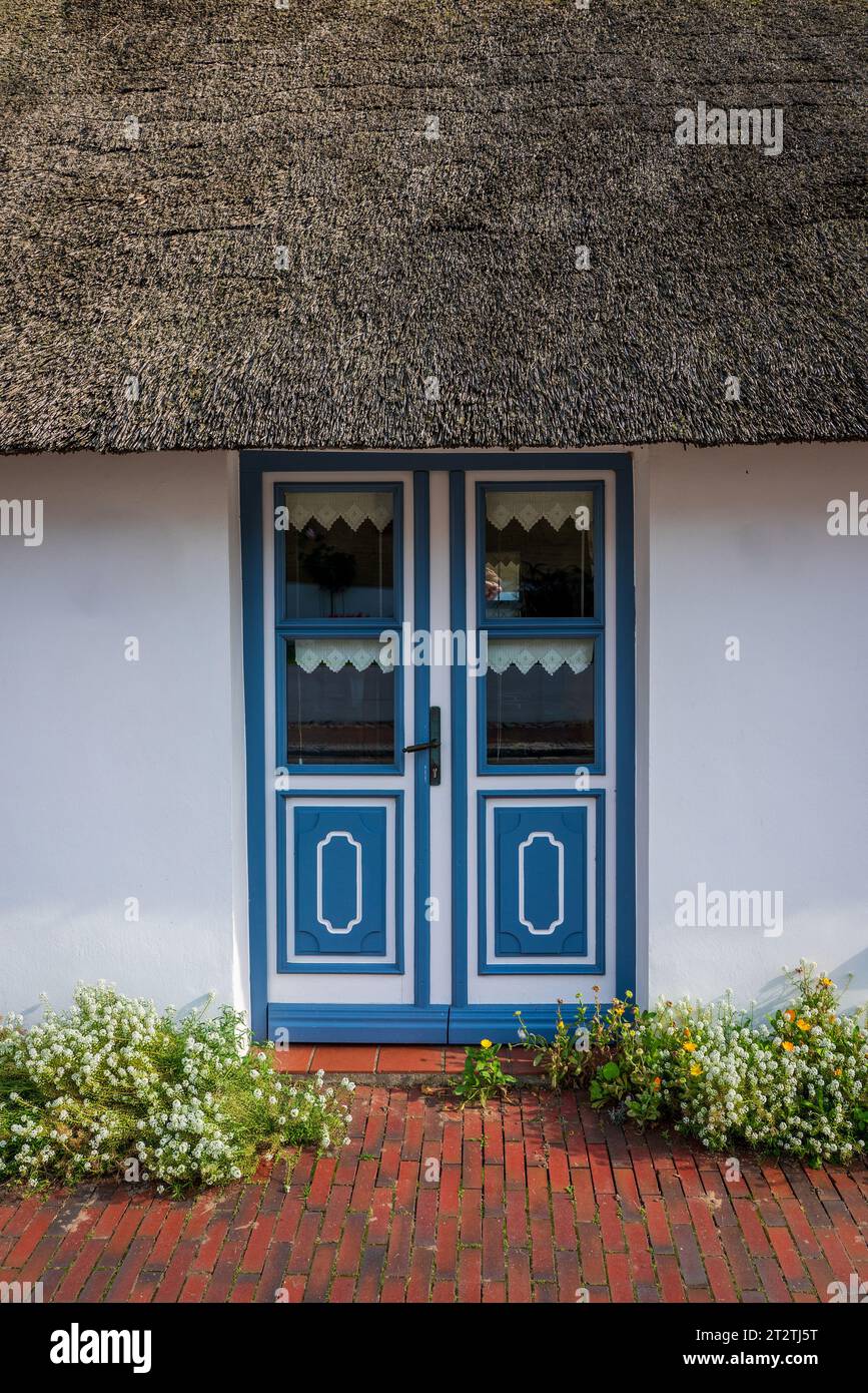 Front door of a Frisian house with a thatched roof. Stock Photo