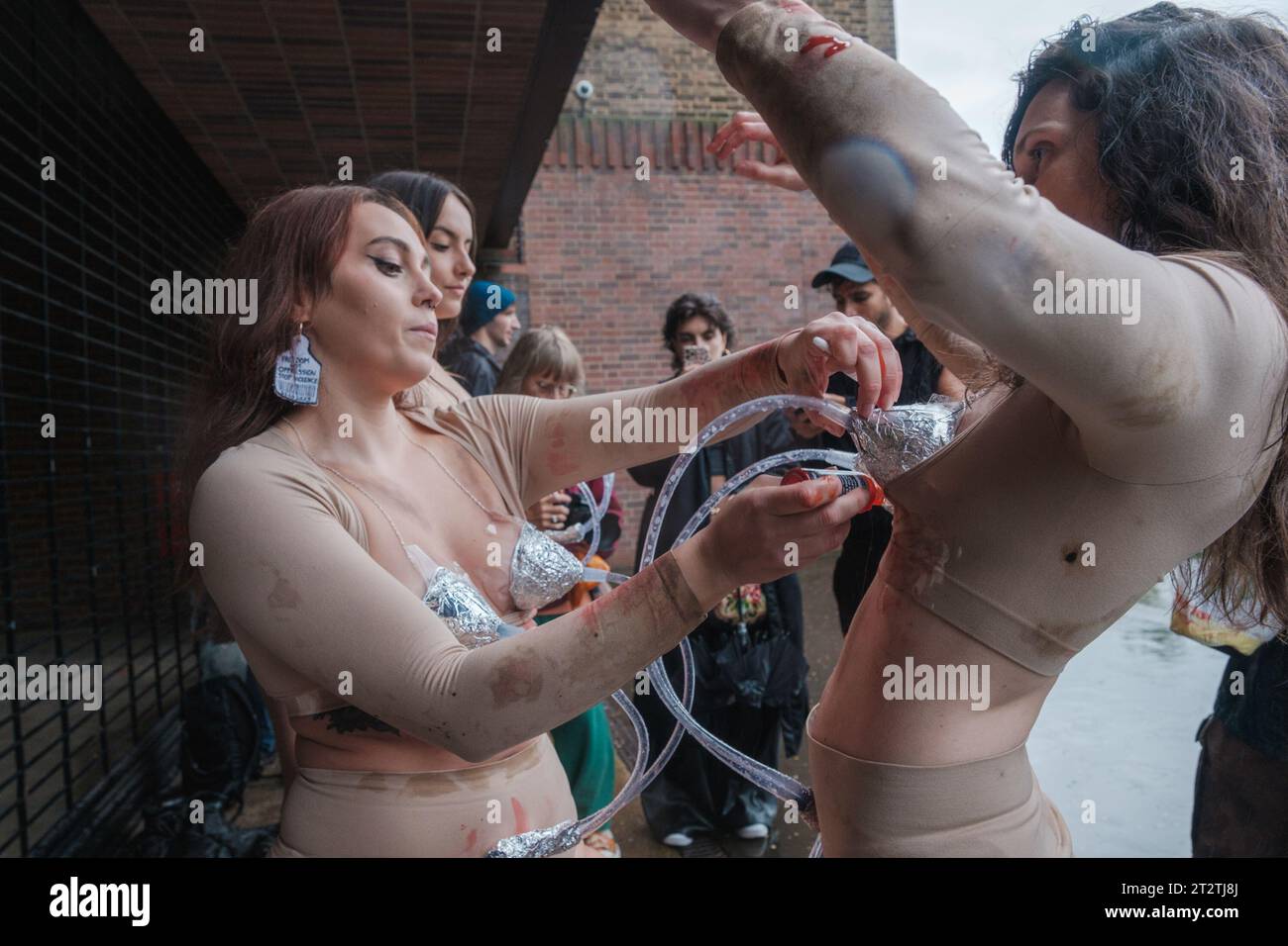 Animal Activist Group, Speciesism, protest outside of Tate Modern against the abuse cows go through for our consumption of milk. also challenging people to try out their 'Human Milk' to see how they respond. Tate Modern, United Kingdom, 21/10/2023 Ehimetalor Unuabona/Alamy Live News Stock Photo