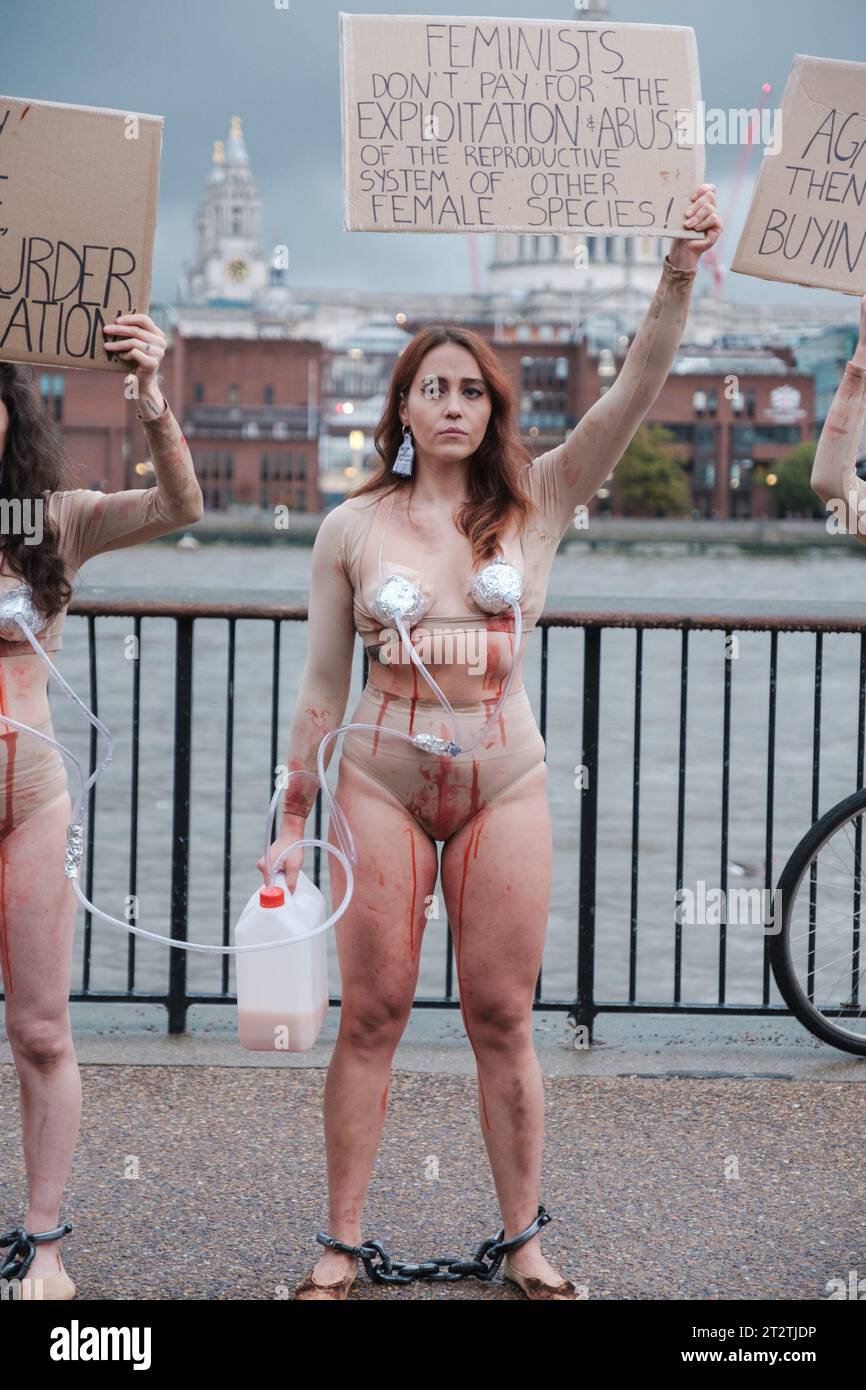 Animal Activist Group, Speciesism, protest outside of Tate Modern against the abuse cows go through for our consumption of milk. also challenging people to try out their 'Human Milk' to see how they respond. Tate Modern, United Kingdom, 21/10/2023 Ehimetalor Unuabona/Alamy Live News Stock Photo