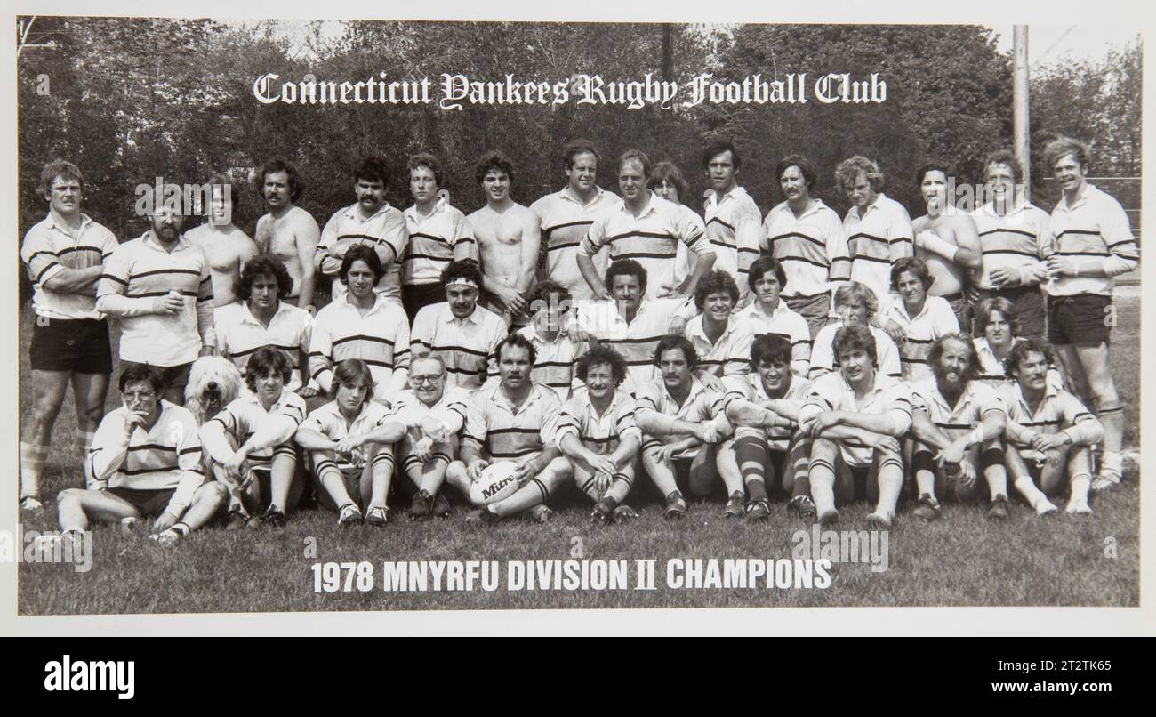 Black and white team photo of the Connecticut Yankees, rugby football club championship season 1978, USA Stock Photo