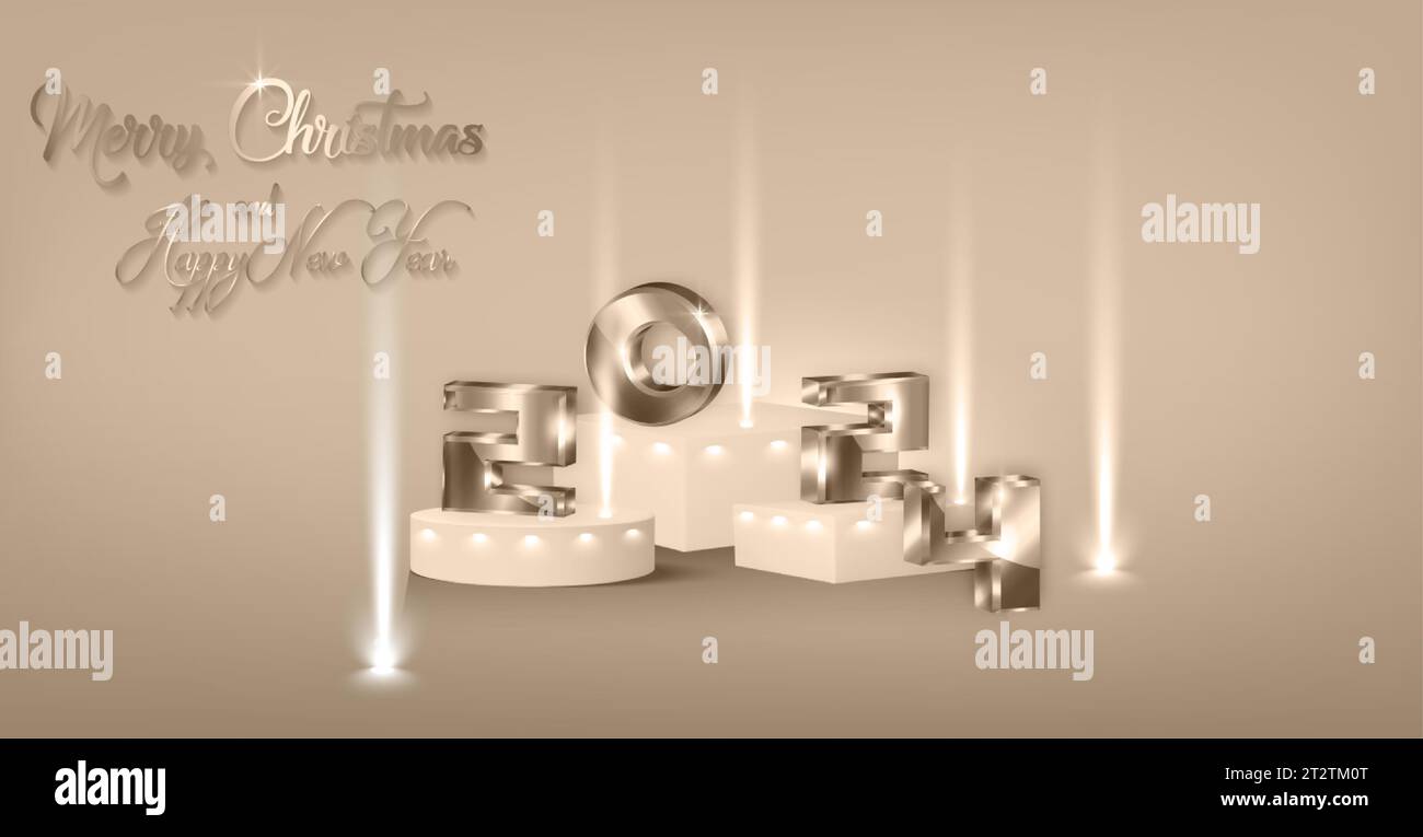 2024 silver 3D numbers Merry Christmas and Happy New Year Vintage banner with spotlight in 3d platform studio display, pedestal floor. White gold stag Stock Vector