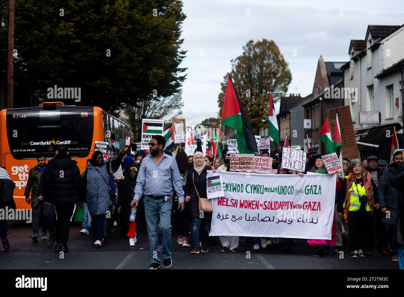 CARDIFF, WALES. 21st October 2023. Protesters march from Cardiff City