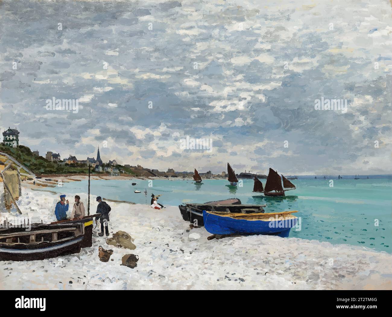 stylized vector version of The Beach at Sainte-Adresse. Oscar-Claude Monet EPS 8 Stock Vector