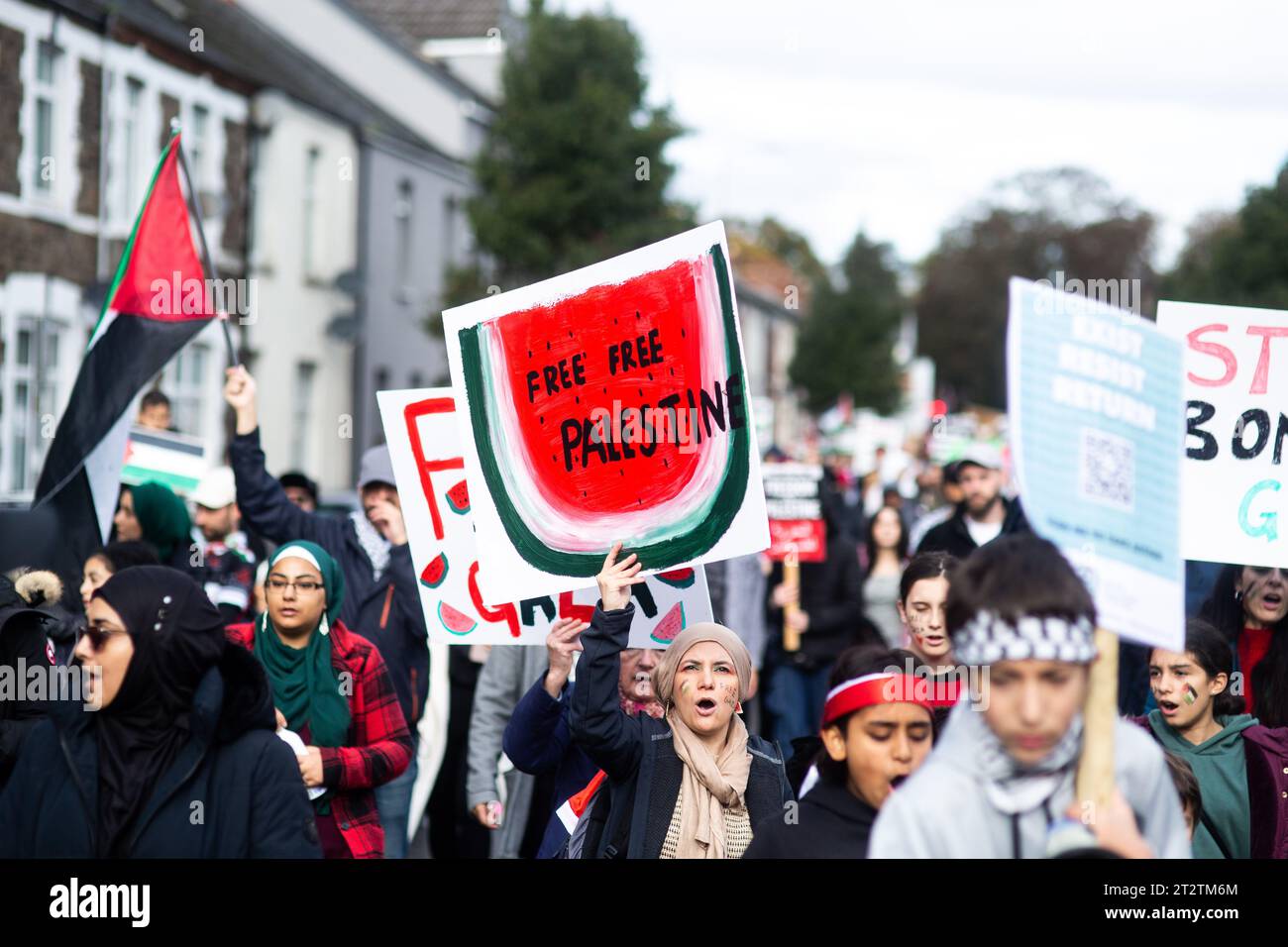 CARDIFF, WALES. 21st October 2023. Protesters march from Cardiff City