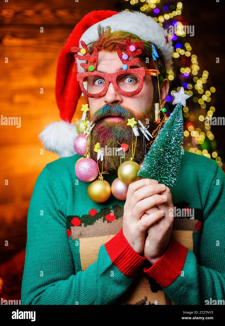 Merry Christmas. Happy New year. Bearded man in Santa hat and party glasses with small Christmas tree. Serious man with decorated beard and dyed hair Stock Photo