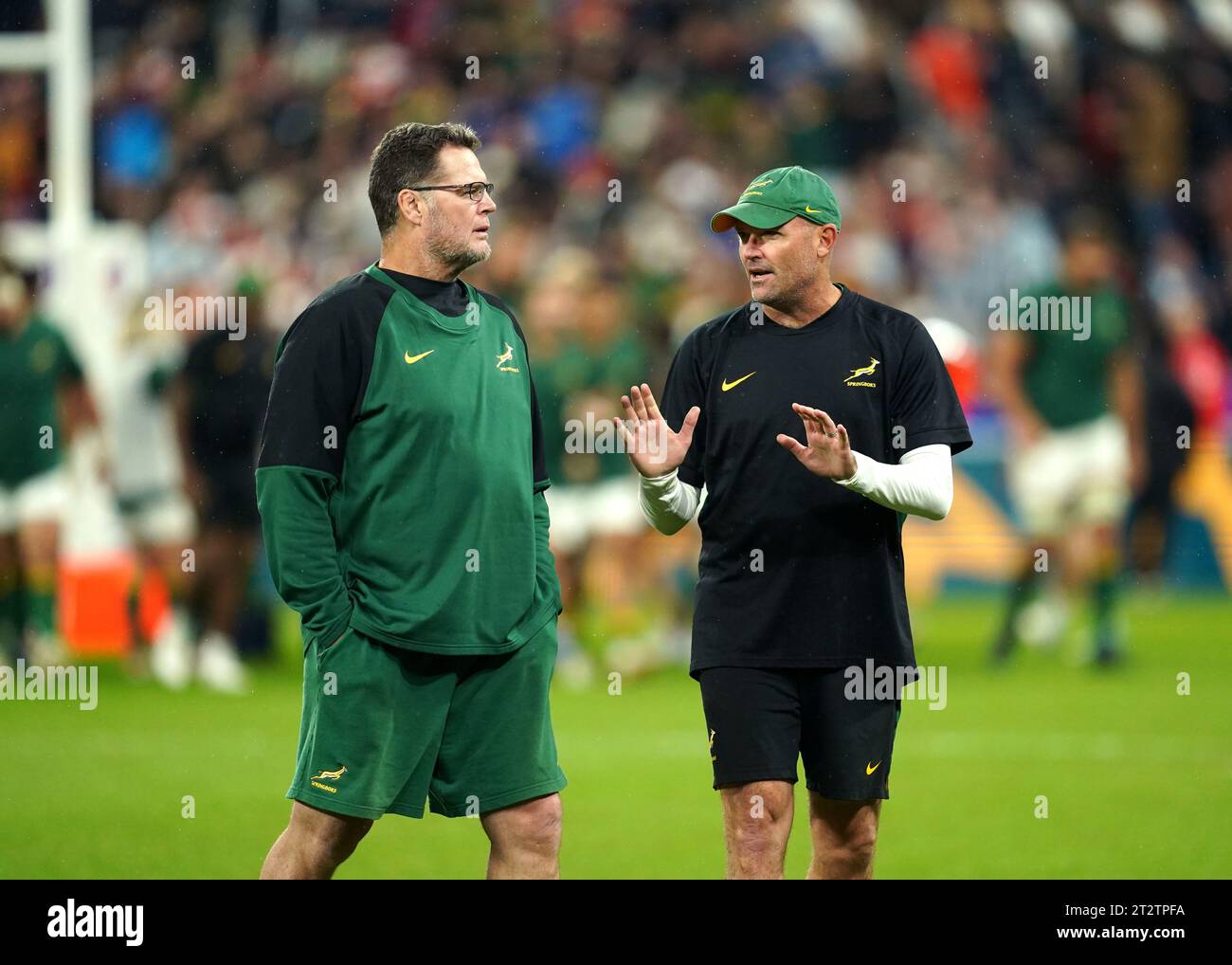 South Africa assistant coach Rassie Erasmus and head coach Jacques Nienaber ahead of the Rugby World Cup 2023 semi final match at the Stade de France, Saint-Denis. Picture date: Friday October 21, 2023. Stock Photo