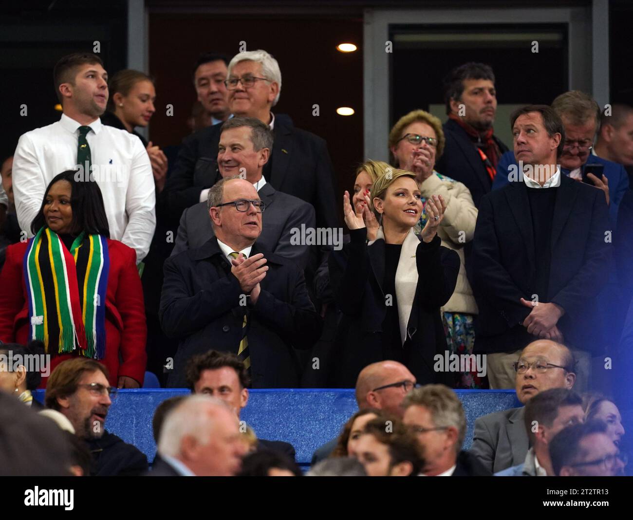 Prince Albert II of Monaco and Princess Charlene of Monaco in the stands ahead of the Rugby World Cup 2023 semi final match at the Stade de France, Saint-Denis. Picture date: Friday October 21, 2023. Stock Photo