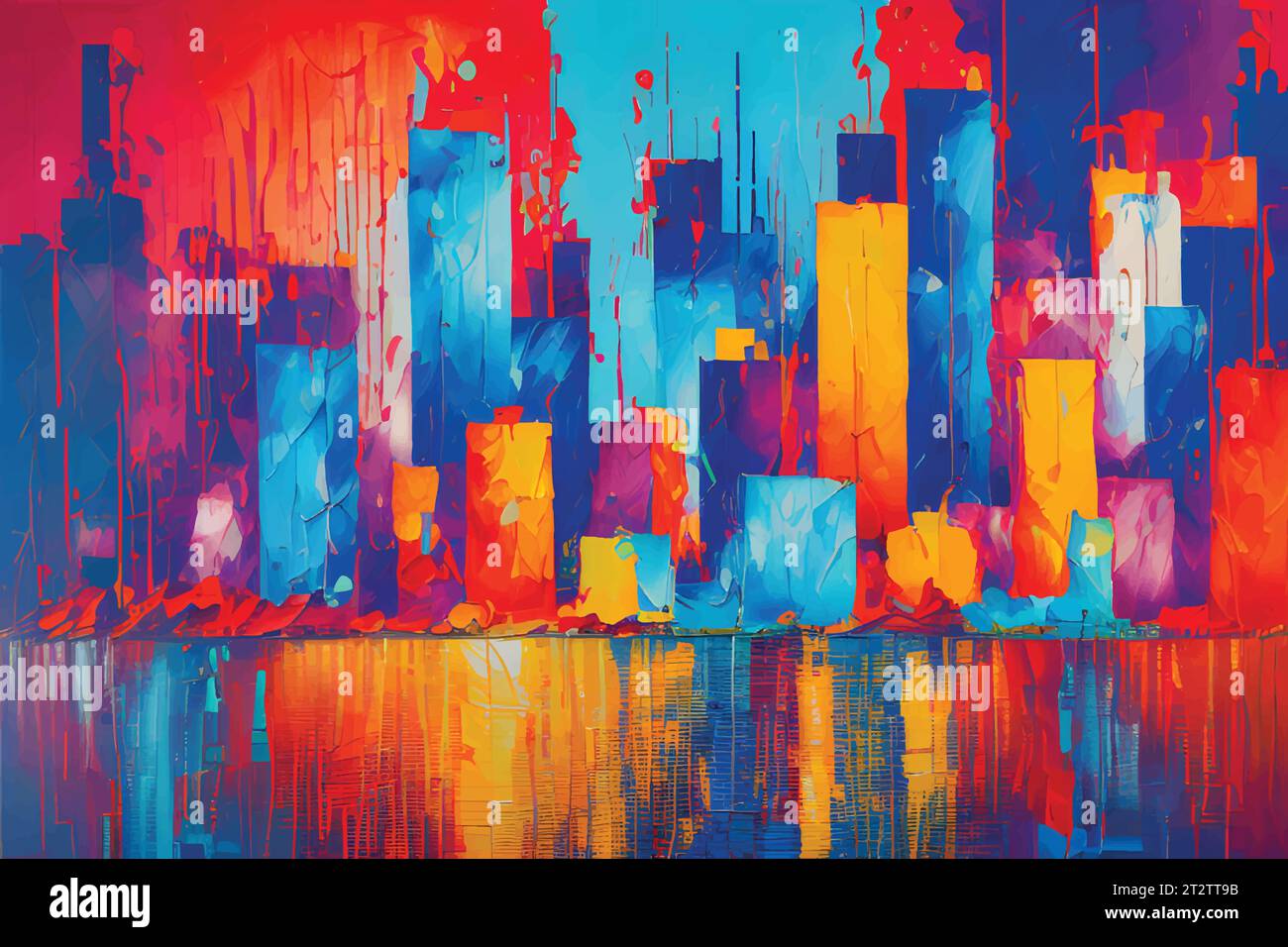 Vibrant Artwork Acrylic Paint in a Multicolored Painting. Cityscape with abstract oil painting