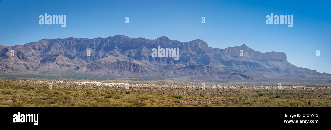 A panorama of the Salt Flats area with the Guadelupe Mountains in the background about an hour east of El Paso, Texas. Stock Photo