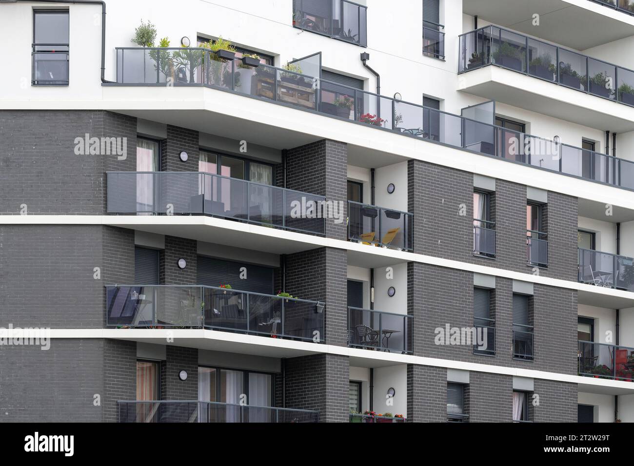 Le Havre, France - Focus on a part of a modern residential building with black bricks. Stock Photo