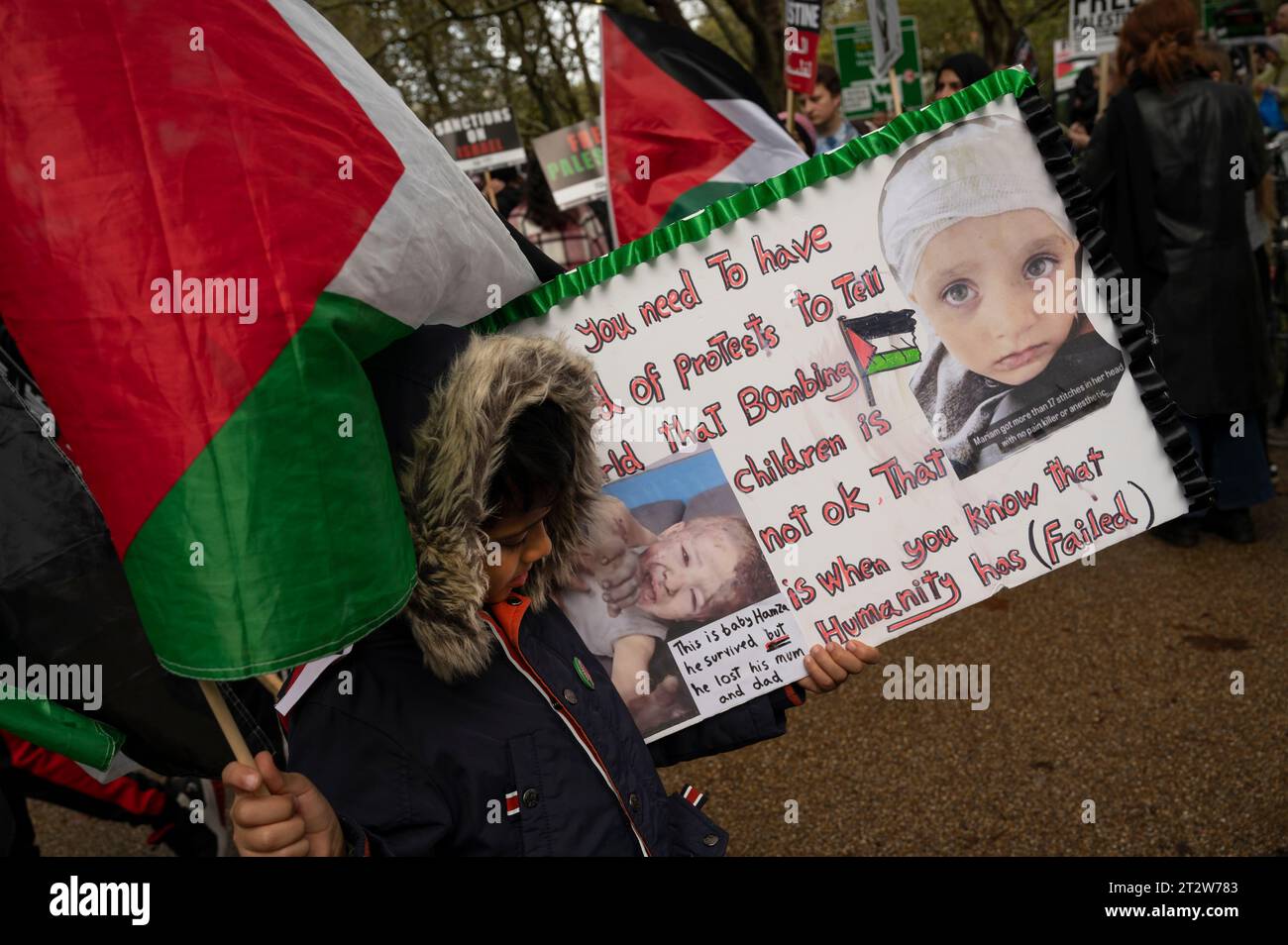 On October 21st 2023 an estimated 100,000 people marched through Central London in support of Palestine and demanding an end to the bombing of Gaza. A Stock Photo