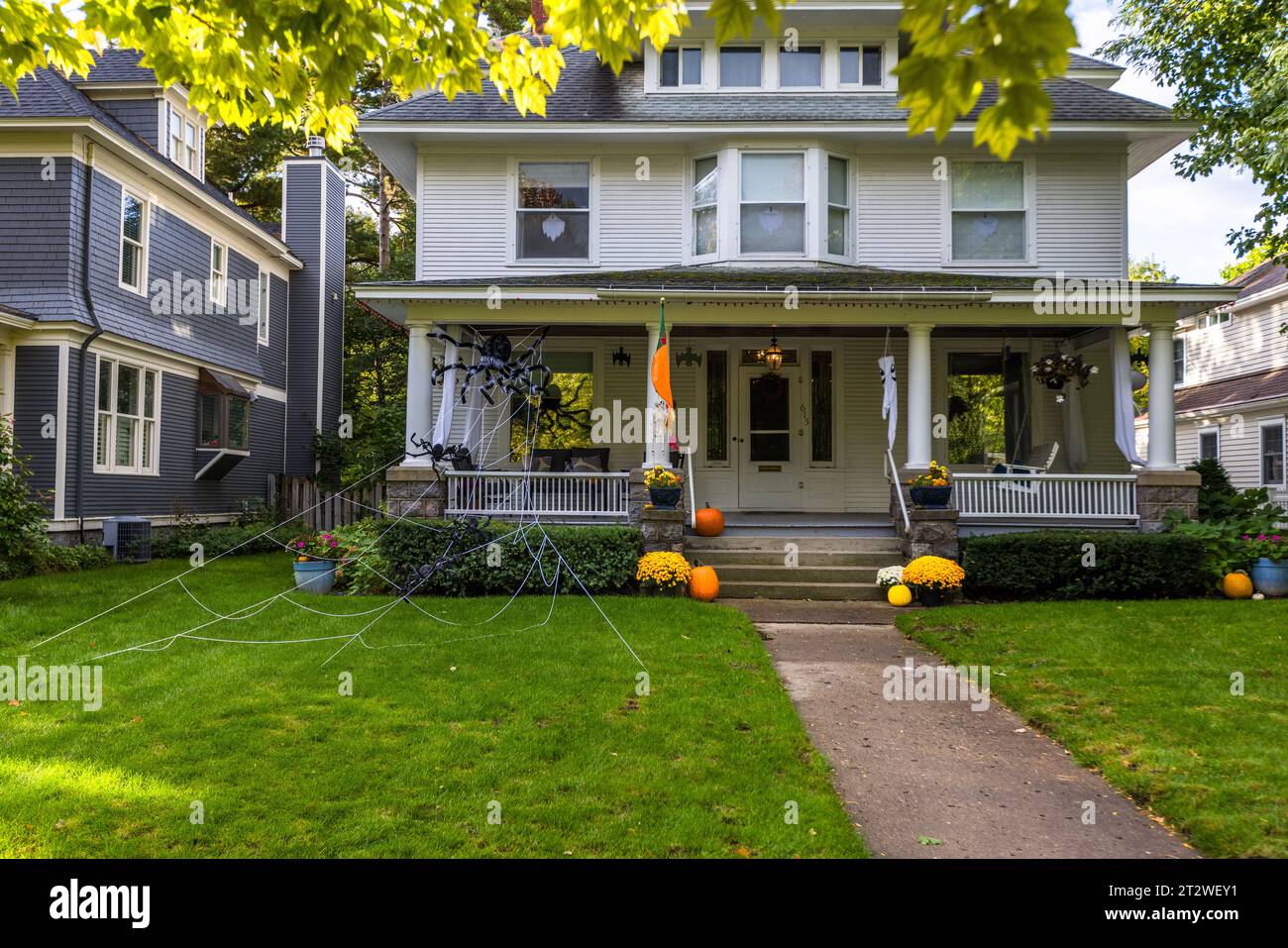Halloween decorations in front yard of Traverse City housing