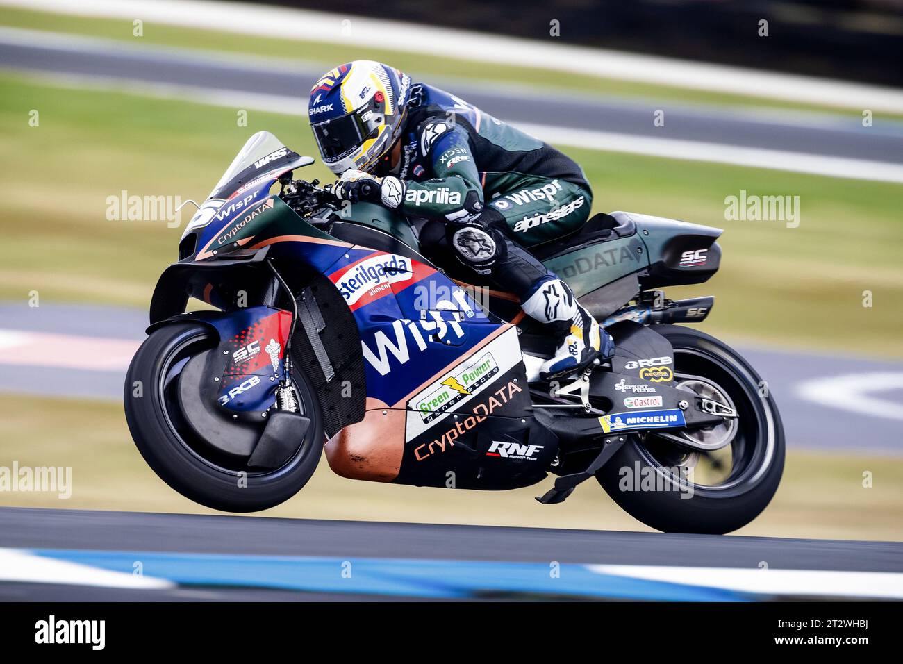 Melbourne, Australia, 20 October, 2023. Raul FERNANDEZ of Spain on the  CryptoDATA RNF MotoGP Team APRILIA during free practice 2 of Australian  MotoGP at the Phillip Island Grand Prix Circuit on October