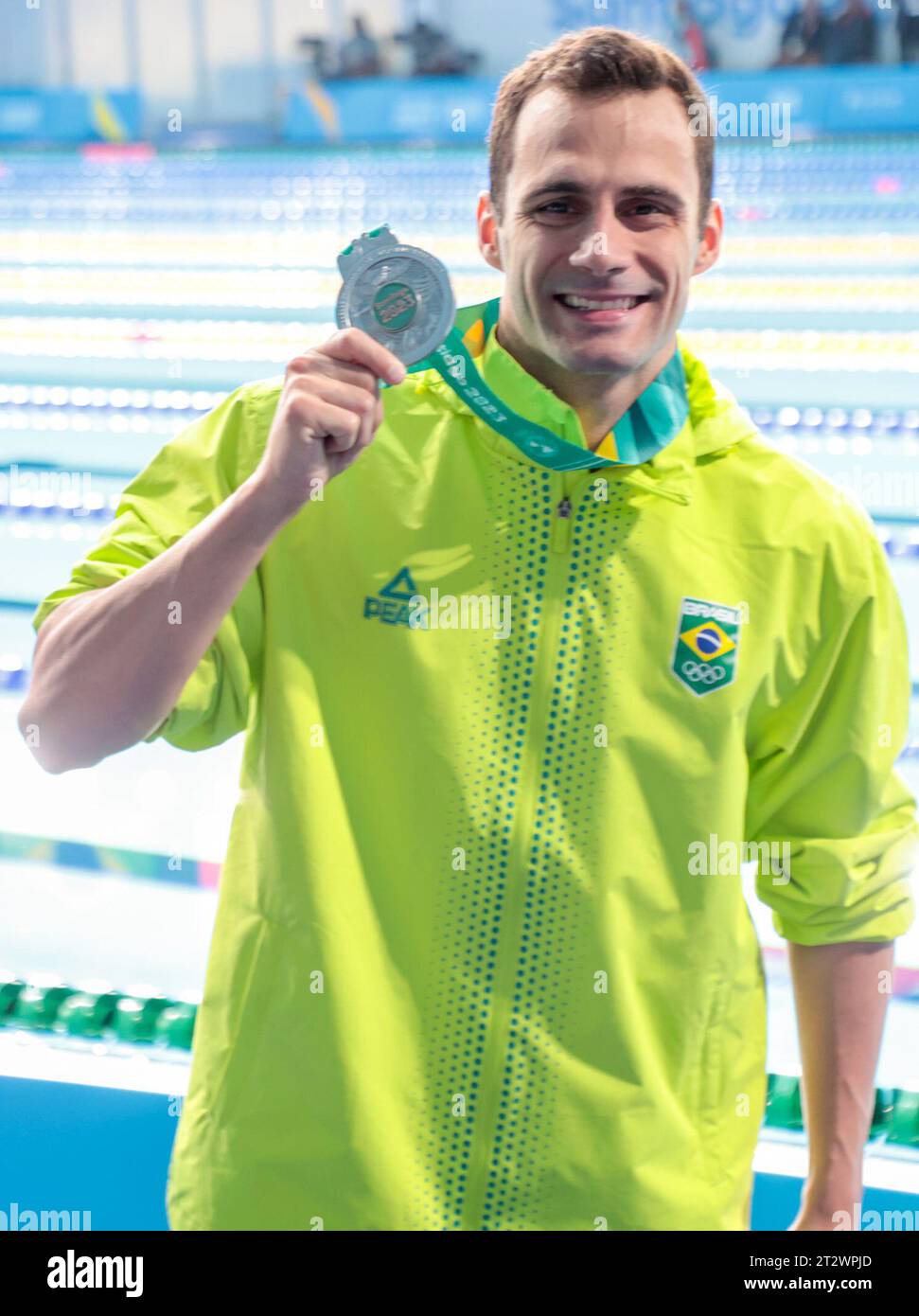 October 21, 2023, %G, New York, USA: Santiago (CHL), 10/21/2023 - SWIMMING/200M BUTTERFLY/MEN/GAMES/PAN AMERICAN/CHILE - Final of the men's 200m butterfly with gold for Mason Laur in the USA, silver for Leonardo de Deus from Brazil and bronze for Jack Dahlgren of the USA, in the aquatic center at the National Stadium in Santiago, Chile, where the Pan American Games are taking place, this Saturday, October 21, 2023. (Credit Image: © Leco Viana/TheNEWS2 via ZUMA Press Wire) EDITORIAL USAGE ONLY! Not for Commercial USAGE! Stock Photo
