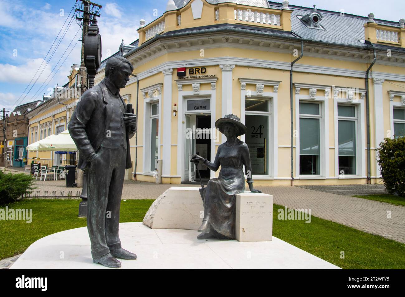 Statue of writer Otiliei Marchiș and poet Ady Endre situated in the center of Carei city, Satu Mare, Romania Stock Photo