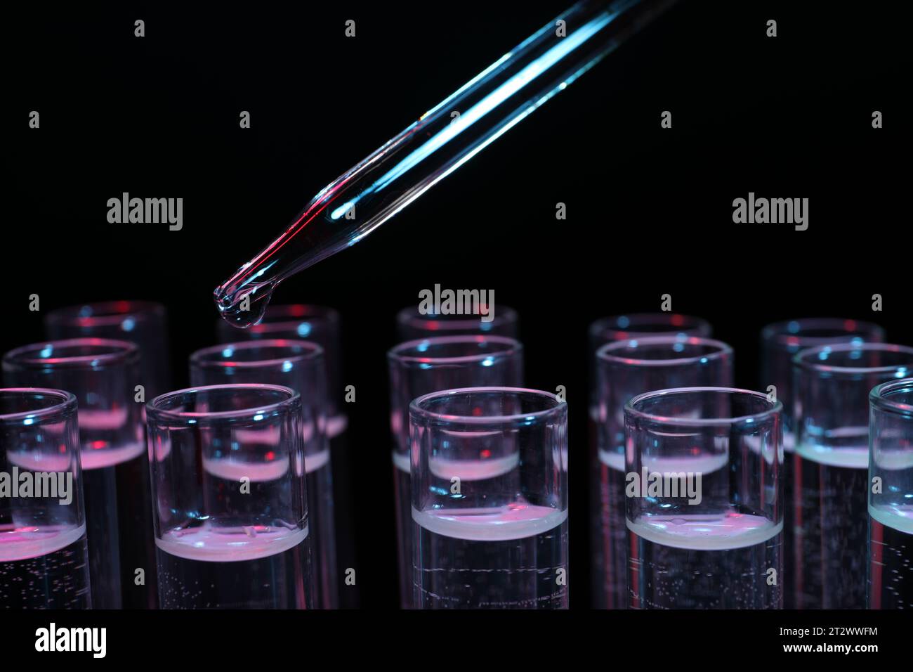 Dripping reagent into test tube on black background, closeup ...