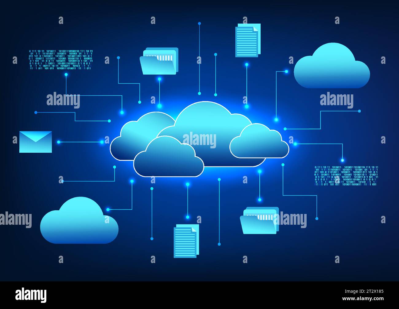 Cloud technology connected icons with circuits It means transferring data storage files through the cloud system. It is a system for storing data that Stock Vector